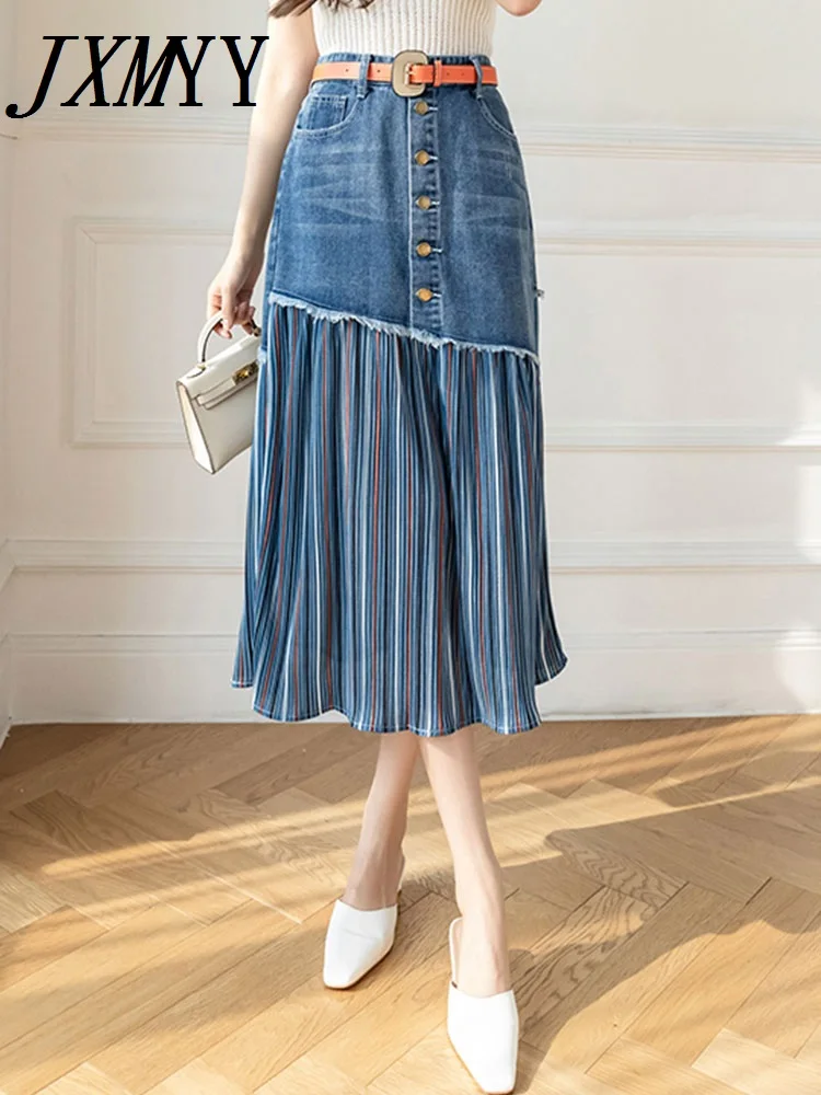 Top Trends: JXMYY 2024 Spring And Autumn Fashion New Large Size High Waist All-Match Women's Denim Skirt Stitching Midi Skirt Shoppable Styles