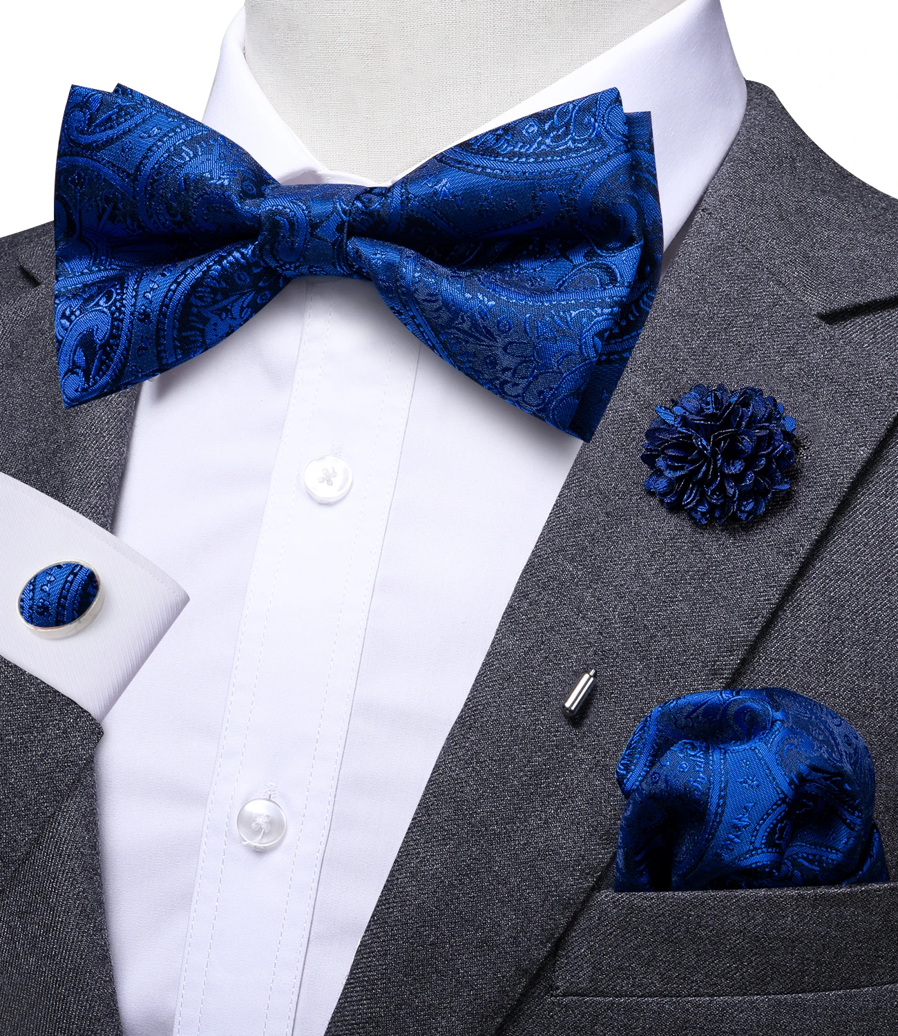 Top Trends: Hi-Tie Luxury Woven Silk Navy Blue Mens Bowtie Pocket Square Cufflinks Brooch Set Butterfly Knot Bow Tie For Men Wedding Office Shoppable Styles