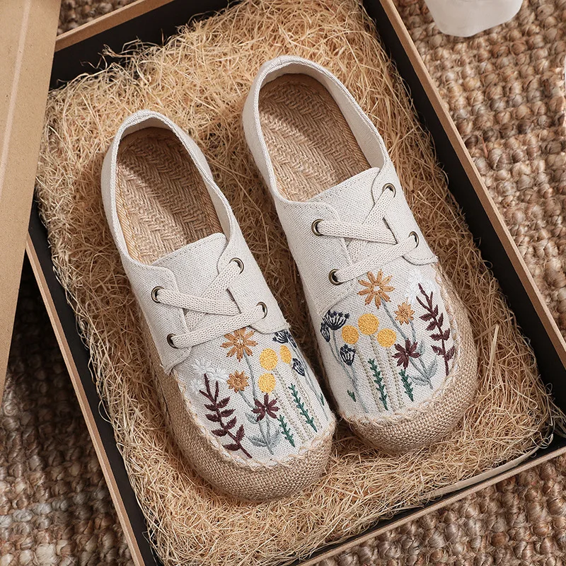 Top Trends: Careaymade-Hot Flats Women Shoes Embroider Retro Lace-up Round Toe Cotton Linen New Handmade Concise Comfortable Ladies Shoes Shoppable Styles