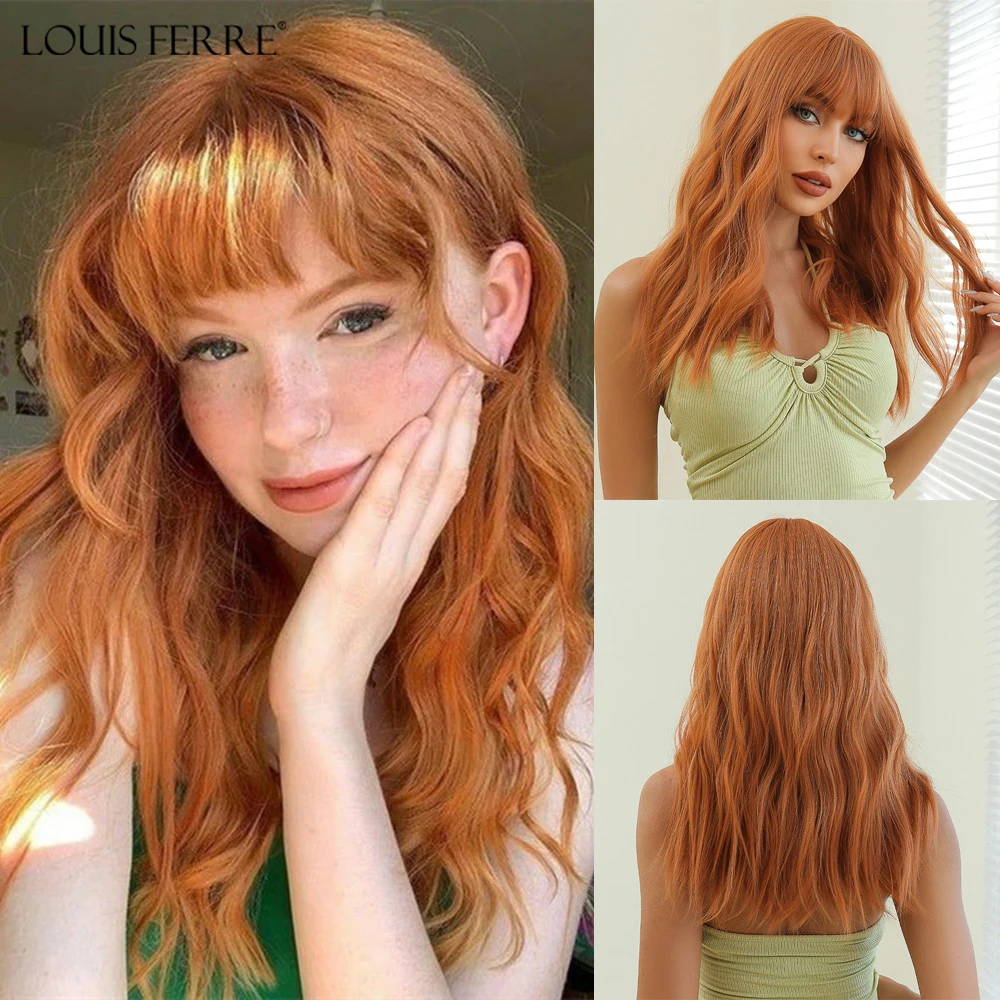 Top Trends: LOUIS FERRE Orange Body Wave Synthetic Wigs With Bangs Long Copper Curly Hair Wig Colorful Cosplay Costume Heat Resistant Fiber Shoppable Styles