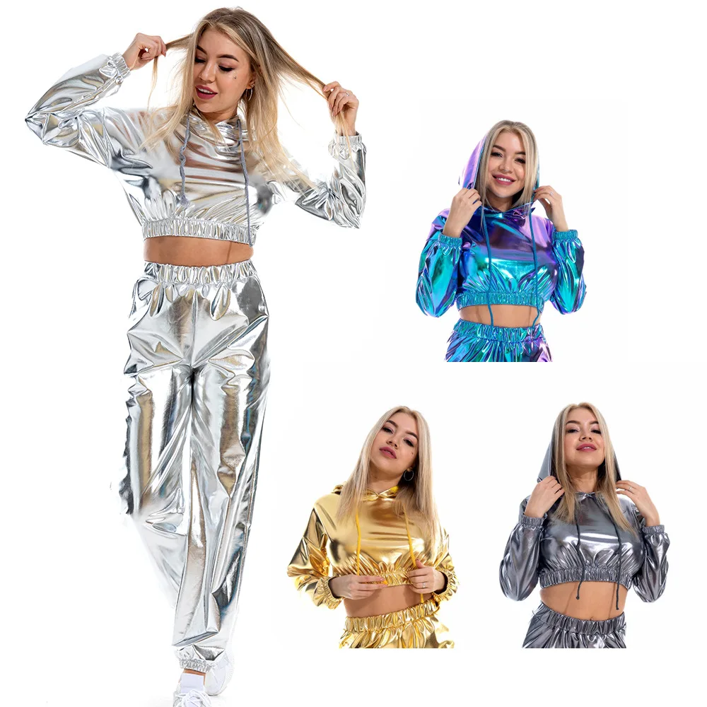 Top Trends: Women Multicolor Laser Bright Leather Sexy Leaky Navel Hooded Pullover Sweater Long-Sleeved Hooded Short Street Fashion Top Shoppable Styles