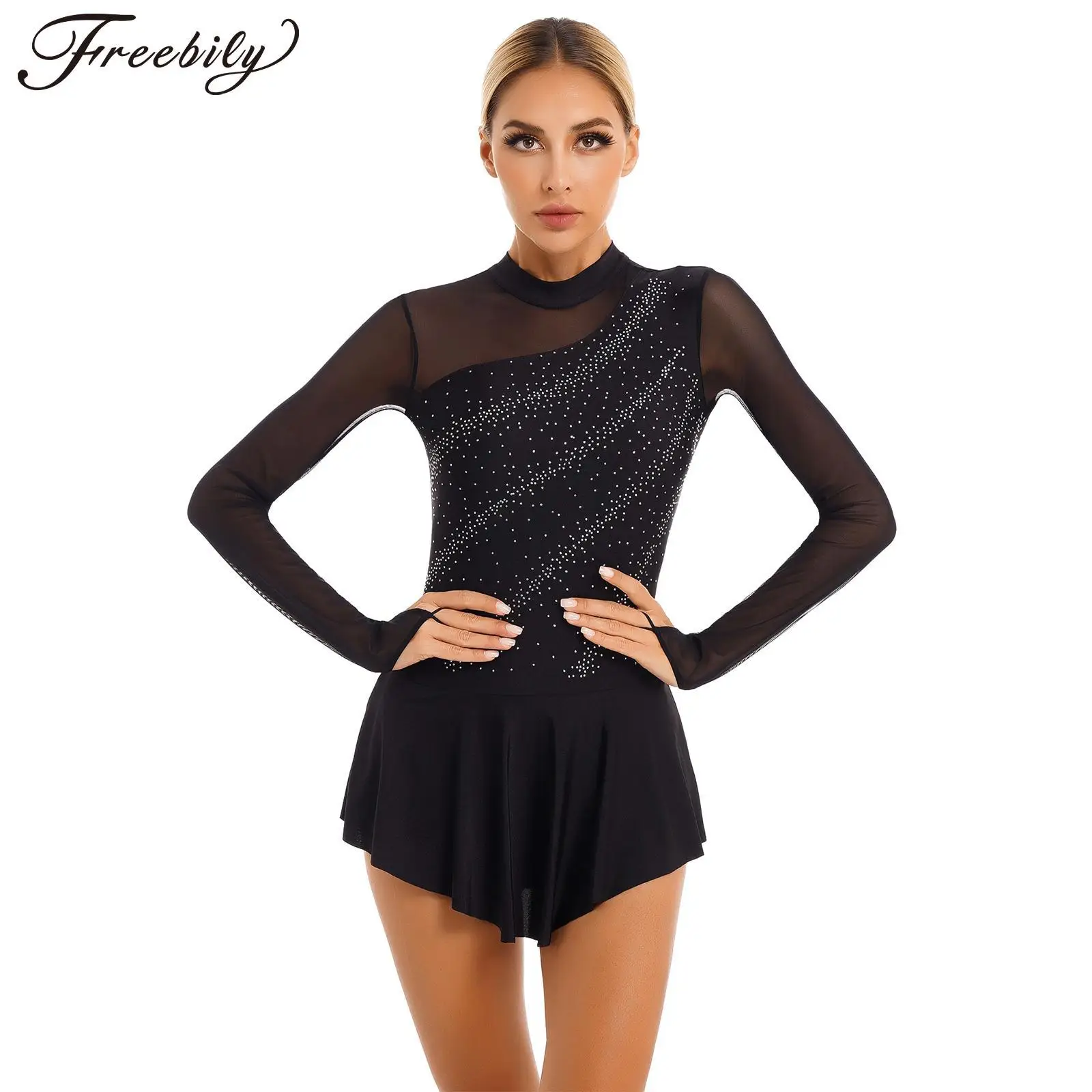 Top Trends: Womens Shiny Rhinestone Figure Ice Skating Dress Long Sleeve Ballet Leotard Dress Dancewear Lyrical Latin Modern Dance Costumes Shoppable Styles