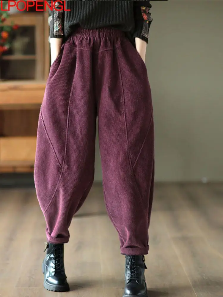 Top Trends: Literary Pure Cotton Corduroy Casual Pants Women's Autumn 2023 New Stitched Harem Pants Loose Vintage Versatile Pants Shoppable Styles