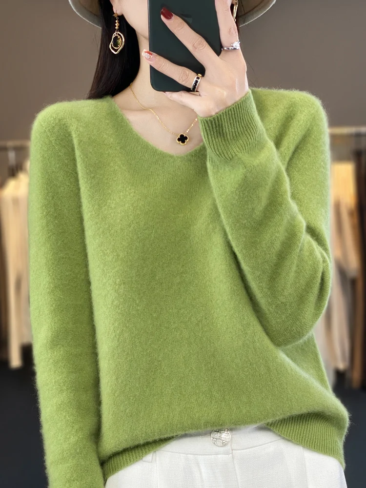 Top Trends: Aliselect Fashion Basic 100% Merino Wool Sweater V-Neck Long Sleeve Pullover Cashmere Women Knitted Autumn Clothing Tops Shoppable Styles