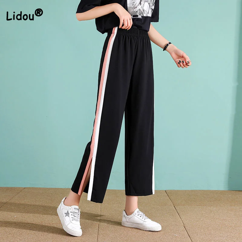 Top Trends: Casual Elastic High Waist Drape Patchwork Pockets Black Split Sports Pants Colored Side Stripes Wide Leg Nine Points Trousers Shoppable Styles