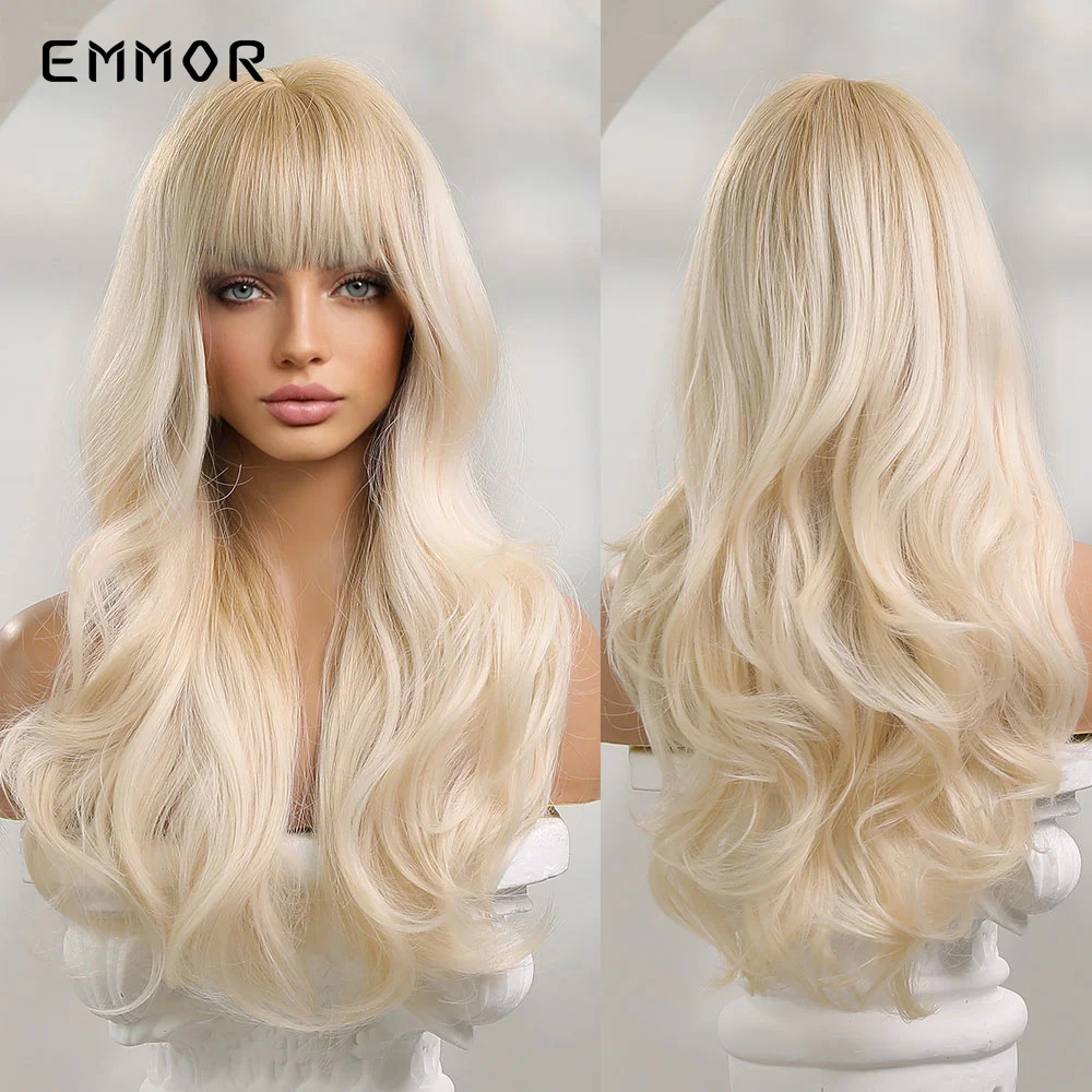 Top Trends: Emmor Synthetic Ombre Blonde Platinum Wigs Long Wavy Wig For Women With Bangs Party Daily Heat Resistant Fibre Hair Wigs Shoppable Styles