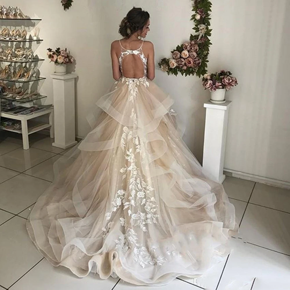 Top Trends: Champagne Floral Lace Beach Wedding Dresses Sexy Backless Ruffles Puffy Bridal Gowns For Bride 2023 Tiered Vestido De Noiva Shoppable Styles