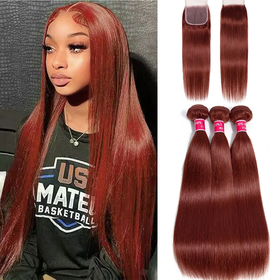 Top Trends: 99J Straight Bundles With Closure Reddish Brown Straight Human Hair Bundles With 4x4 Closure Free Part Orange Straight Hair Shoppable Styles - Image 2