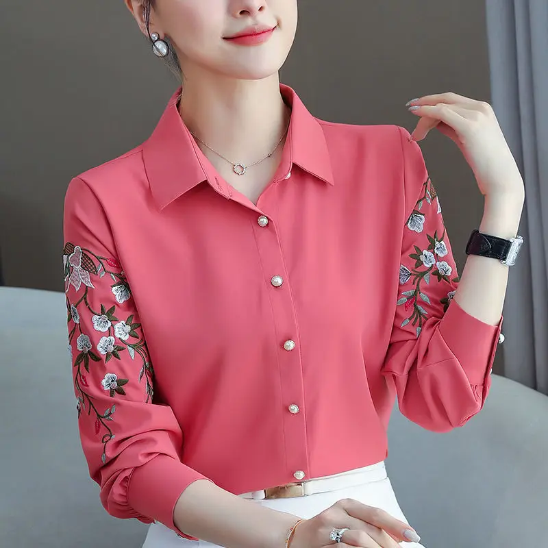 Top Trends: Elegant Lapel Button Embroidery Chiffon Shirt Women&#039;s Clothing 2022 Autumn New Loose Casual Tops Loose Office Lady Blouse Shoppable Styles