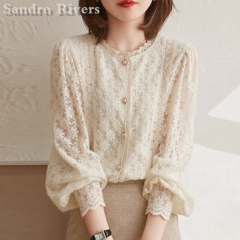 Top Trends: Sandro Rivers French Brushed Bottom Lace Shirt For Women Pretty Little Blouse For AutumnWinter Loose Fitting Long Sleeve Top Shoppable Styles