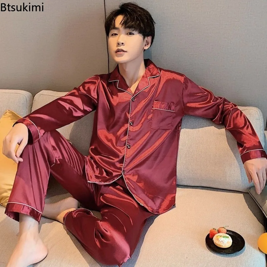 Top Trends: Men's Casual Pajamas Sets Oversized Silk Mens Pajama Pants Sets Satin Long Sleeve Sleepwear Home Pijama Night Wear Loungewear Shoppable Styles - Image 5