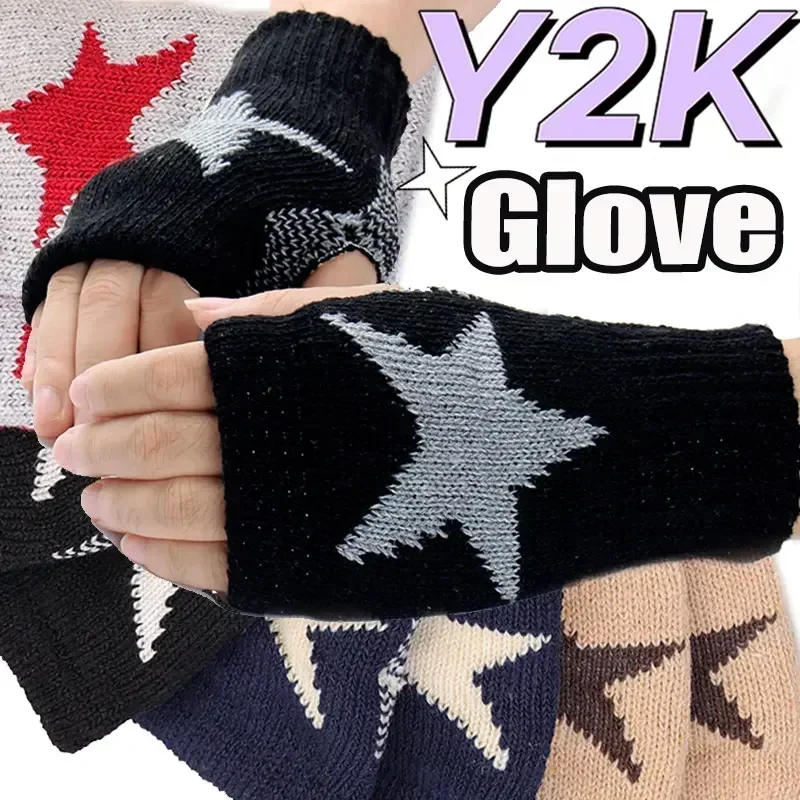 Top Trends: 1 Pair Autumn Winter Knitted Woolen Gloves Fashion Y2K Men's Women's Half Finger Warm Five Pointed Star Fingerless Gloves Shoppable Styles