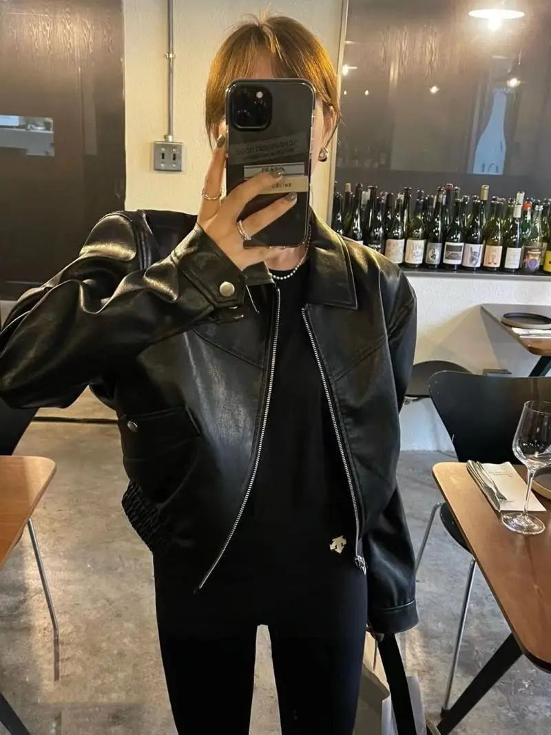 Top Trends: Fashion Women Bomber Jacket Chic Cropped Leather Short Coat Female Stand Collar Gothic Racing Jackets Biker Motorcycle Outerwear Shoppable Styles