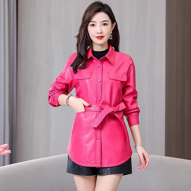 Top Trends: New Women Shirt Style Leather Jacket Spring Autumn Fashion Casual Turn-down Collar Lace-up Slim Leather Coat Split Leather Shoppable Styles