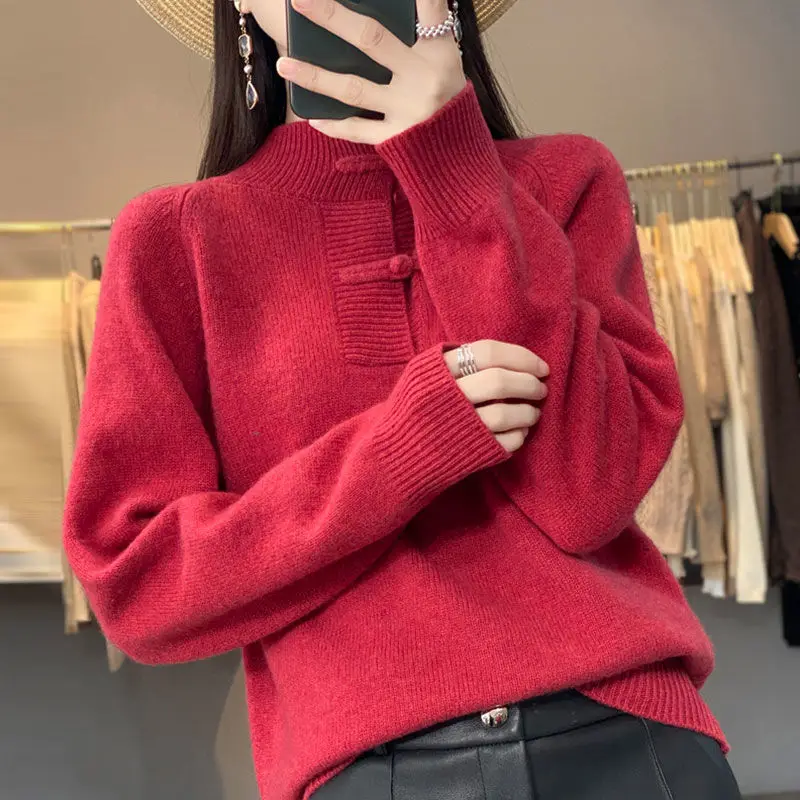 Top Trends: Women&#039;s Solid Color Sweater Chinese Style Autumn And Winter Half High Collar Vintage Button Pullover Loose Long Sleeve Knit Tops Shoppable Styles