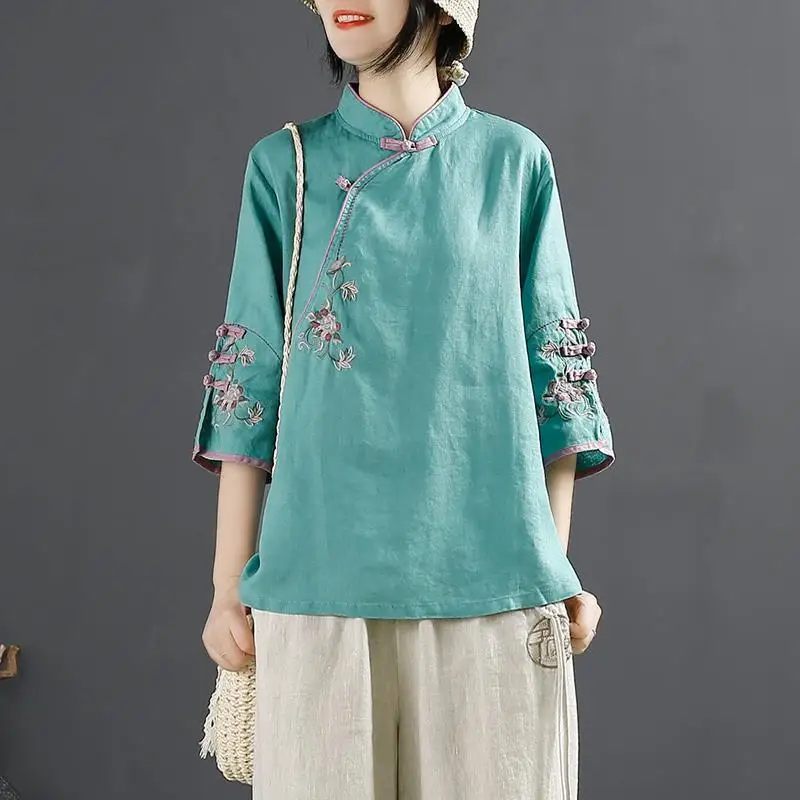 Top Trends: Traditional Chinese Retro Style Top Embroidered Linen Clothes New Summer Plus Size Clothing Traditional Chinese Blouse For Women Shoppable Styles