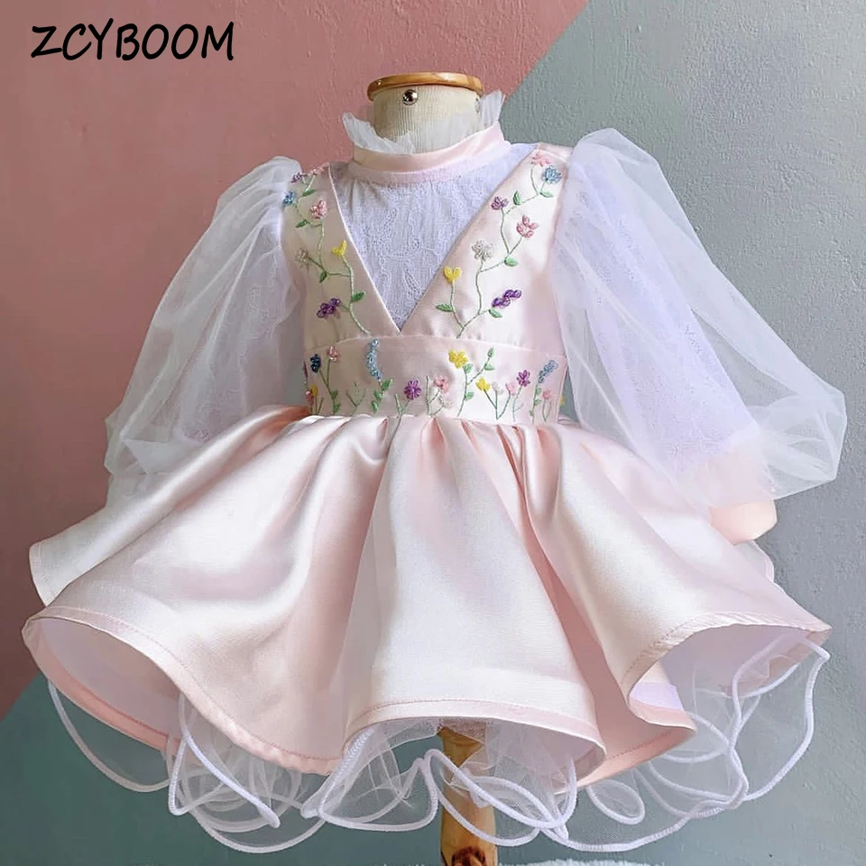 Top Trends: Lovely Pink High-Neck Lantern Sleeves Flower Girl Dress For Wedding 2023 Ball Gown Little Princess Stain First Communion Gowns Shoppable Styles