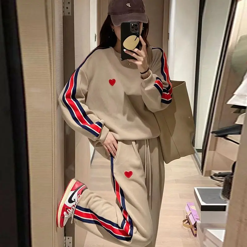 Top Trends: 2 Piece Harajuku Women Casual Sports Striped Pant Sets Spring Autumn Preppy Style Embroidered Love Loose Korean Fashion Top Suit Shoppable Styles