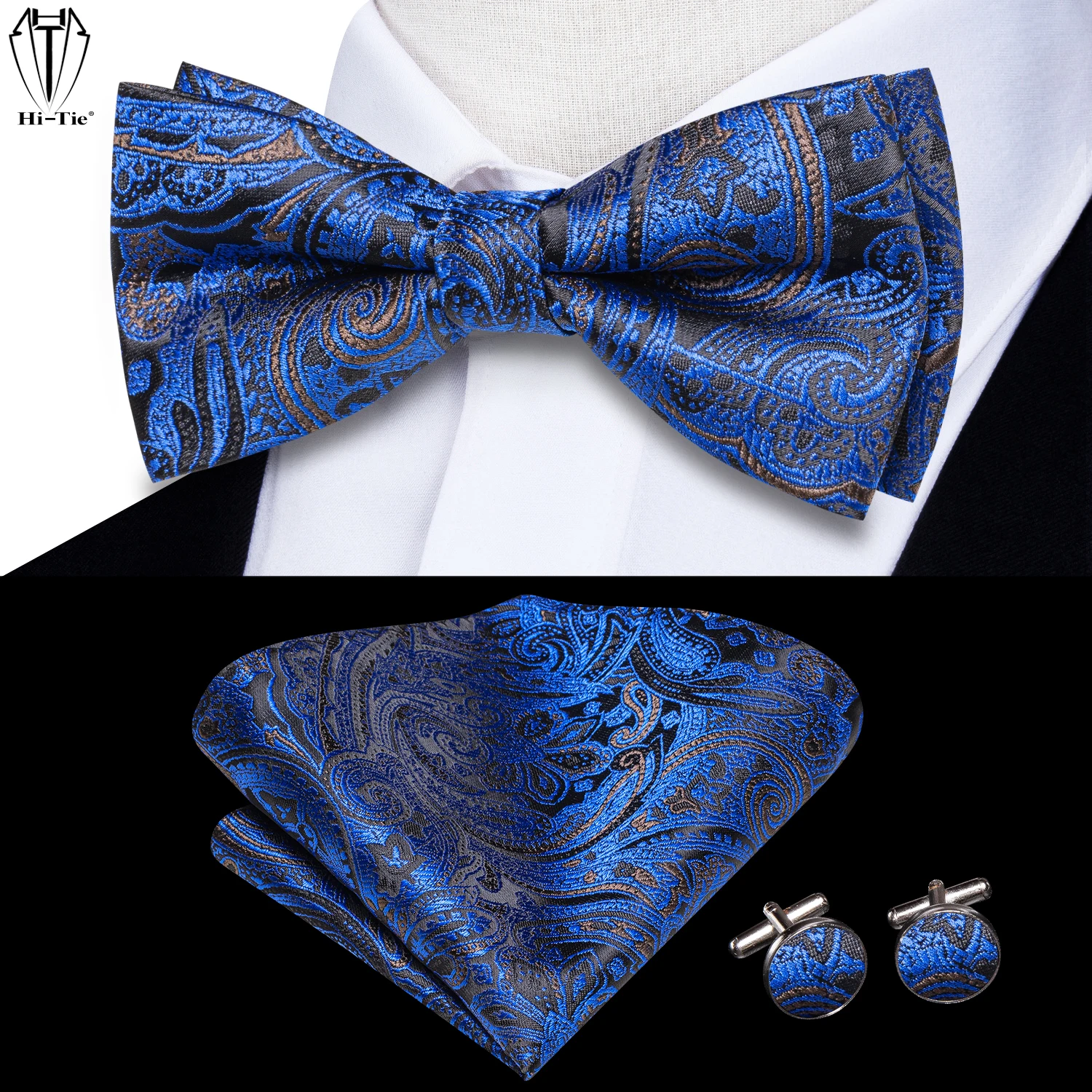 Top Trends: Hi-Tie Sky Navy Royal Blue Silk Mens Bow Tie Hanky Cufflinks Set Pre-tied Butterfly Knot Adjustable Bowtie Male Wedding Business Shoppable Styles