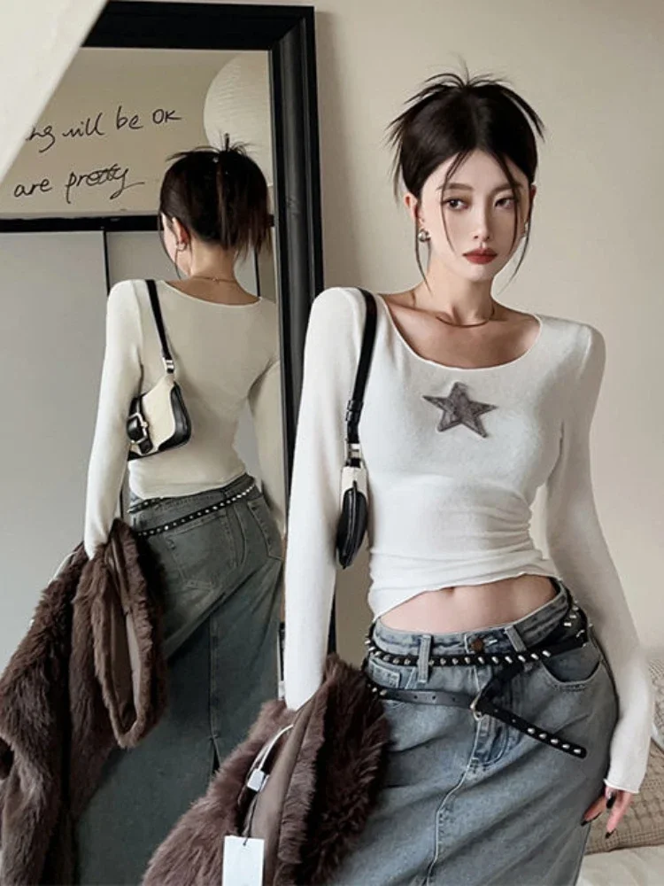 Top Trends: Deeptown Y2K American Retro Star T Shirts Women Harajuku Grunge Slim Basic Crop Tops Vintage Casual Long Sleeve Tees Aesthetic Shoppable Styles