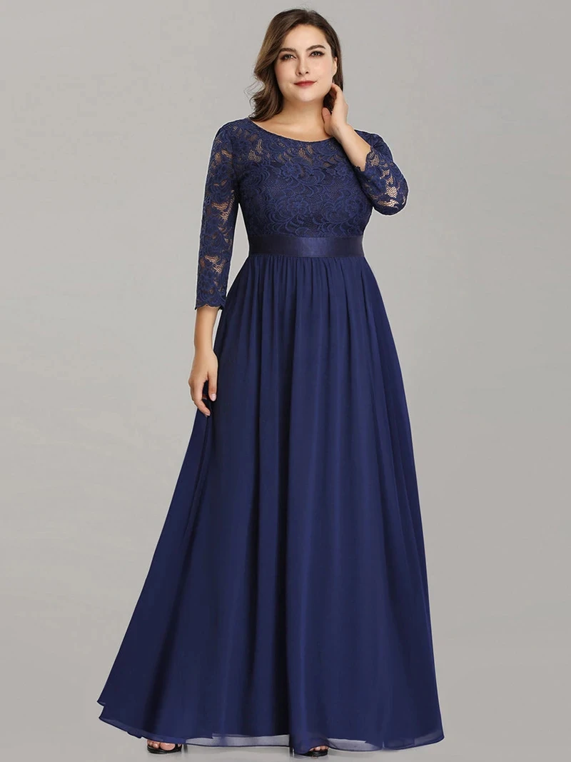 Top Trends: Plus Size Evening Dresses O-Neck Bridesmaid 2024 Ever Pretty With Navy Blue Long Lace Chiffon Sleeve Elegant Dresses For Women Shoppable Styles