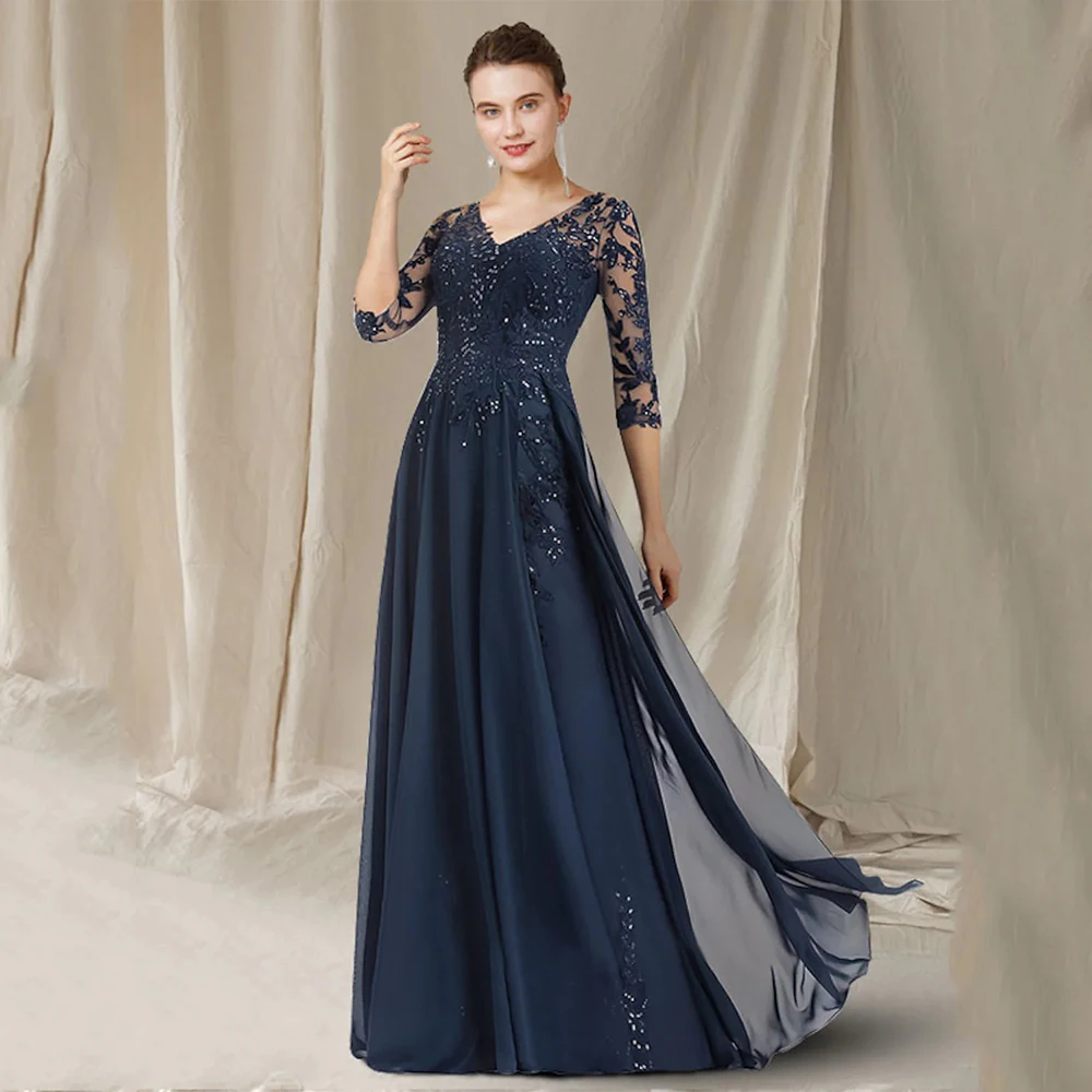 Top Trends: 2022 Navy Mother Of The Bride Dress Glitter Sequin Lace Party Gowns 3 / 4 Sleeves V Neck Chiffon A Line Women Wedding Guest Shoppable Styles