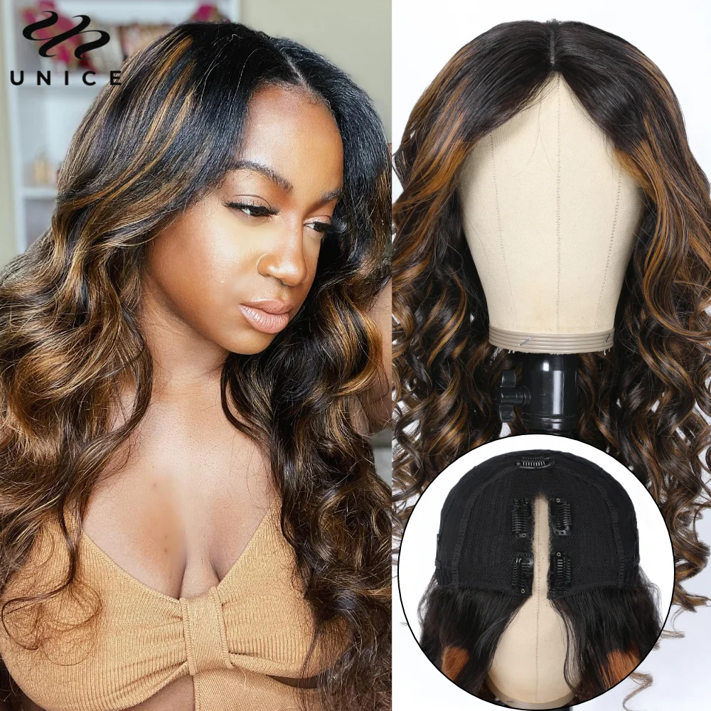 Top Trends: UNice Hair Highlight FB30 Color V Part Wig Human Hair Body Wave Wig Thin Part Lace V Part Wigs No / Minimal Leave Out U Part Wig Shoppable Styles