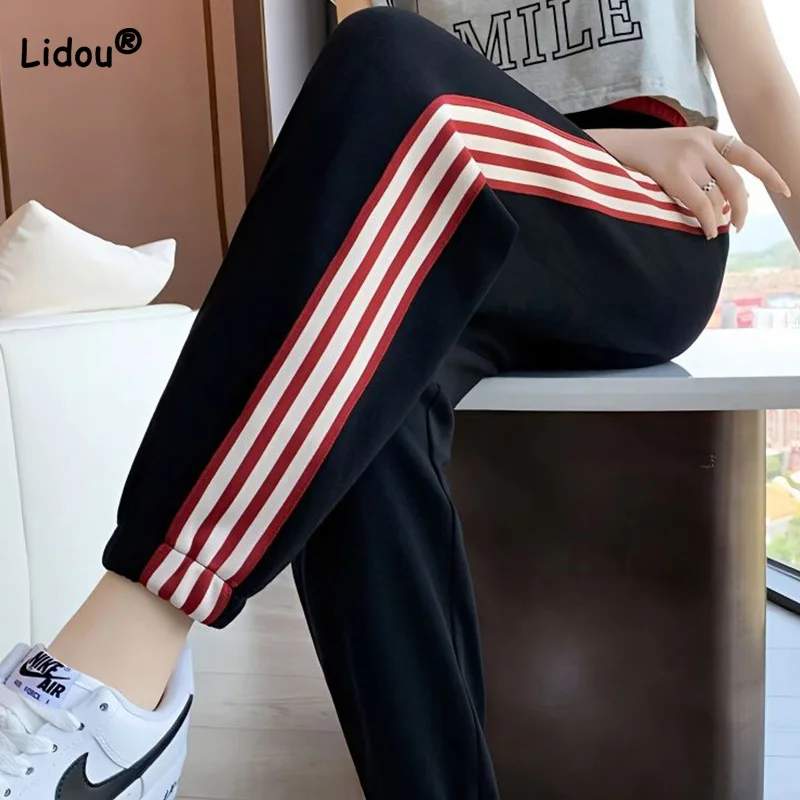 Top Trends: Korean Ice Silk Womens Pants Summer Versatile Black Color Matching Striped Printing Drawstring Quick Drying Sports Trousers Shoppable Styles