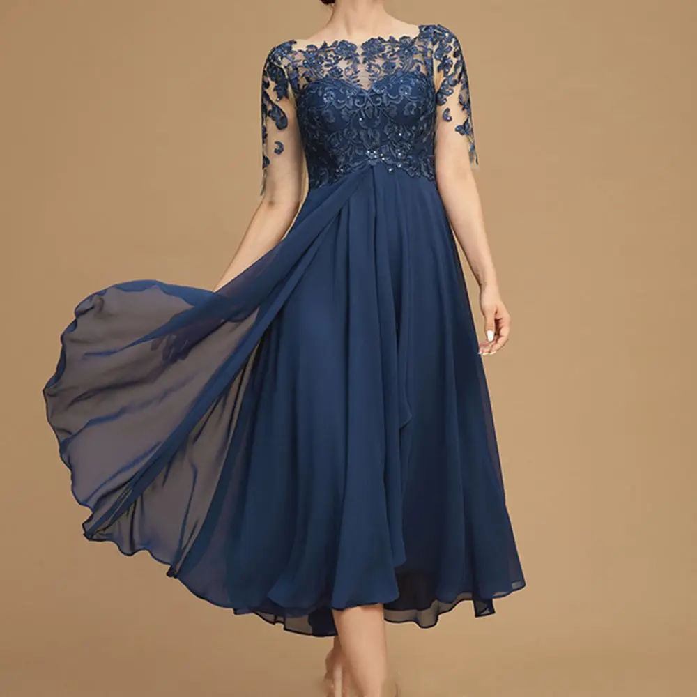 Top Trends: Women Chiffon Sequin Flower Half Sleeve Knee Length Dress Summer Wedding Ceremony Elegant Mother Of The Bride Evening Dress Shoppable Styles