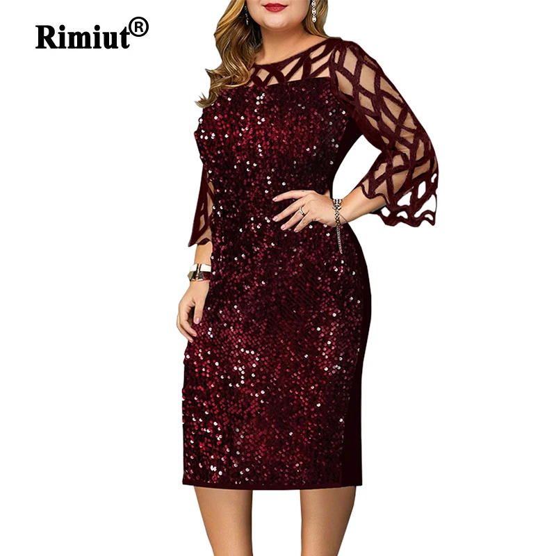 Top Trends: Plus Size S-5XL Fashion Women Sequins Autumn Dresses Lace Sleeve Shining Lady Casual Fashion Dress Sexy Mom Clothing O Neck Shoppable Styles