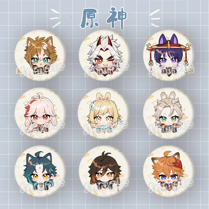 Top Trends: 58mm Game Impact Brooch Cat Pins Anime Badge Cosplay Albedo Xiao Zhongli Accessories Tinplate Brooches For Clothes Bag Gift Shoppable Styles