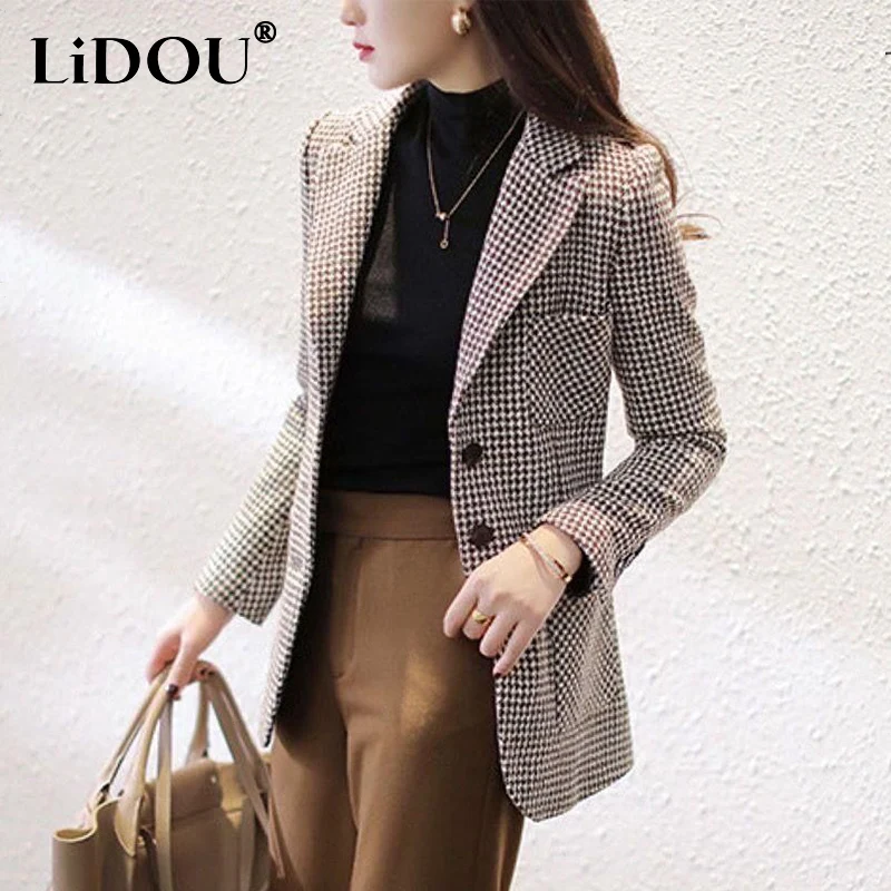 Top Trends: Autumn Winter Oversized Office Lady Elegant Fashion Houndstooth Print Blazer Outwear Women Loose Casual All-match Woolen Suit Shoppable Styles