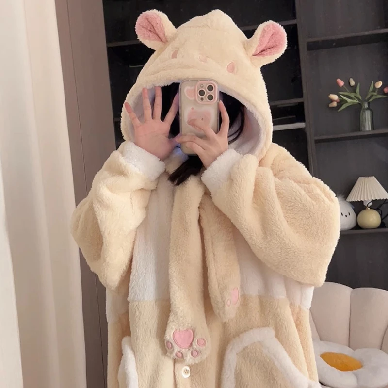 Top Trends: Autumn Winter Kawaii Cartoon Pajama Women Coral Velvet Warm Long Bathrobe Loungwear Sleepwear Girl Cute Hooded Homewear PJ Robe Shoppable Styles