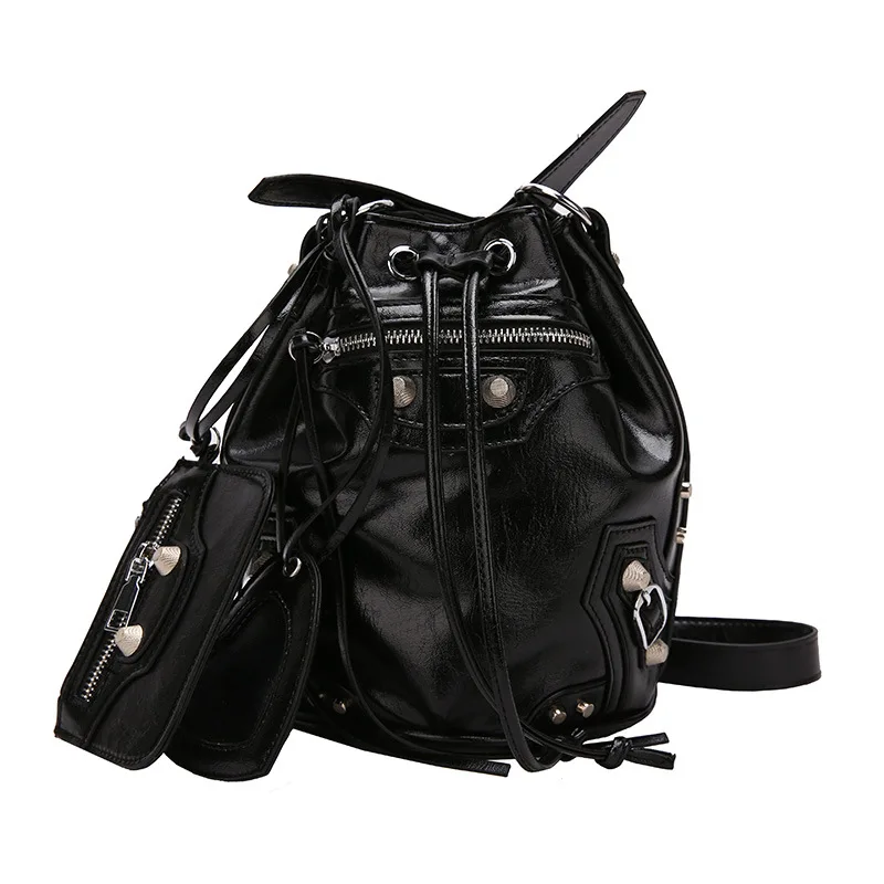 Top Trends: Punk Style Design Bucket Pu Leather Crossbody Bag 2022 Rivet Motorcycle Shoulder Purses And Handbags Bolsa Feminina 2 Pcs / set Shoppable Styles