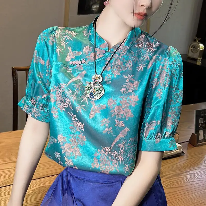 Top Trends: Chinese Style Satin Printed Ruched Short Sleeved Women's Summer Retro Button Patchwork Stand Collar Pullover Fashion Shirts Tops Shoppable Styles