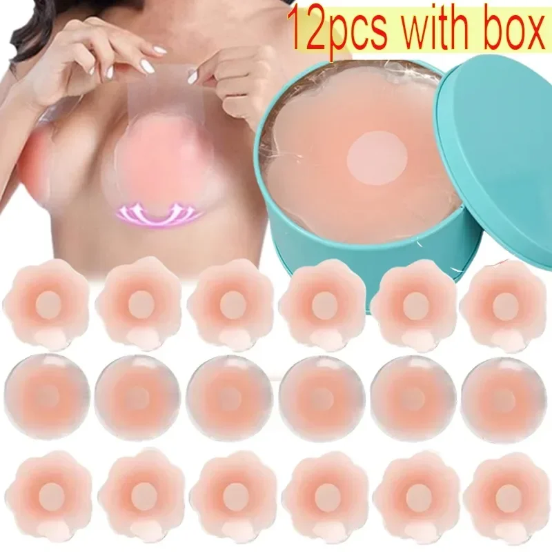 Top Trends: 12PCS Round Silicon Chest Cover Reusable Women Breast Petals Lift Nipple Cover Lift Tape Bra Pads Invisible Bra Chest With Box Shoppable Styles