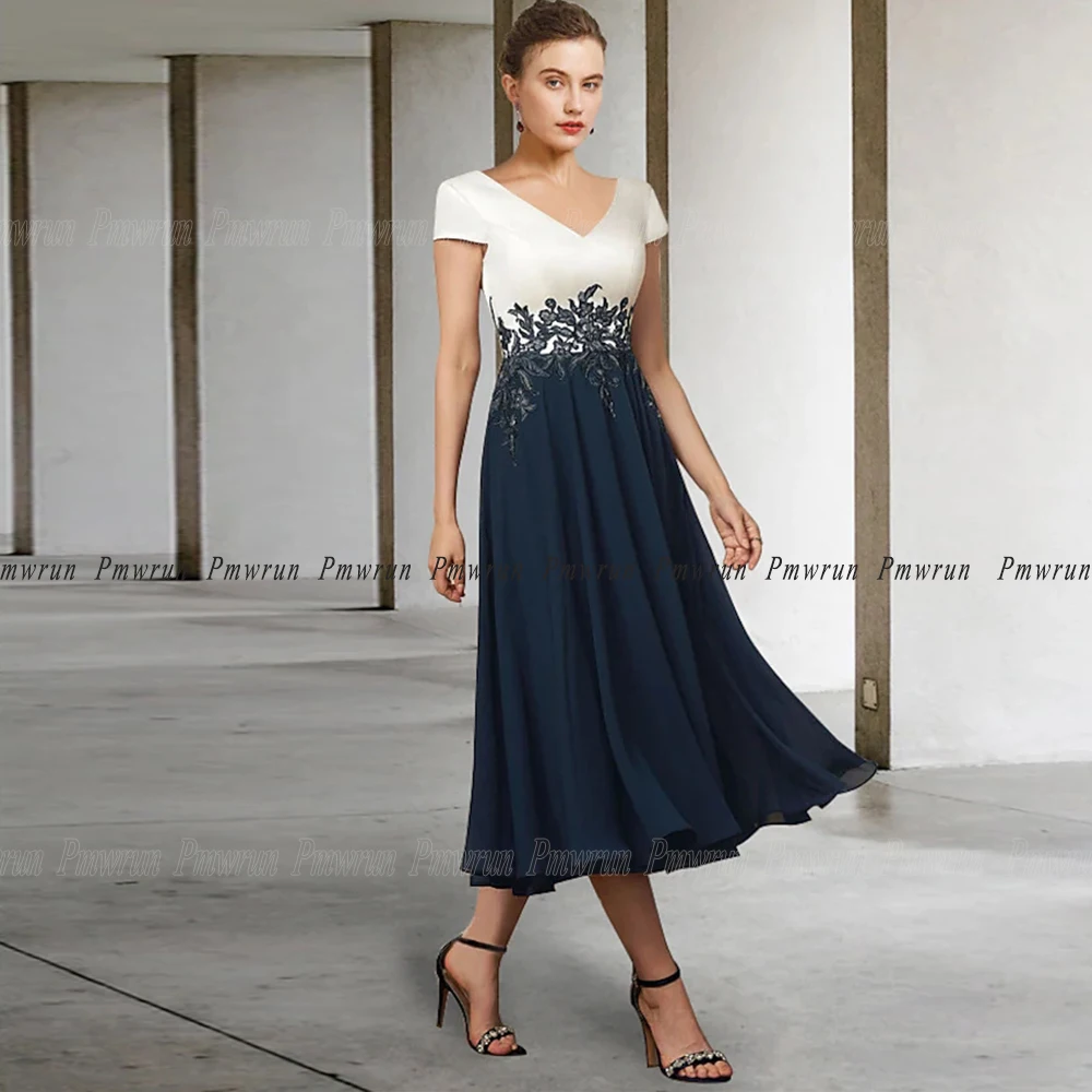 Top Trends: Modest Navy Blue Mother Of The Bride Dresses Lace Applique Cap Sleeve Wedding Party Gowns Tea Length 2023 Vestido Madrina Shoppable Styles