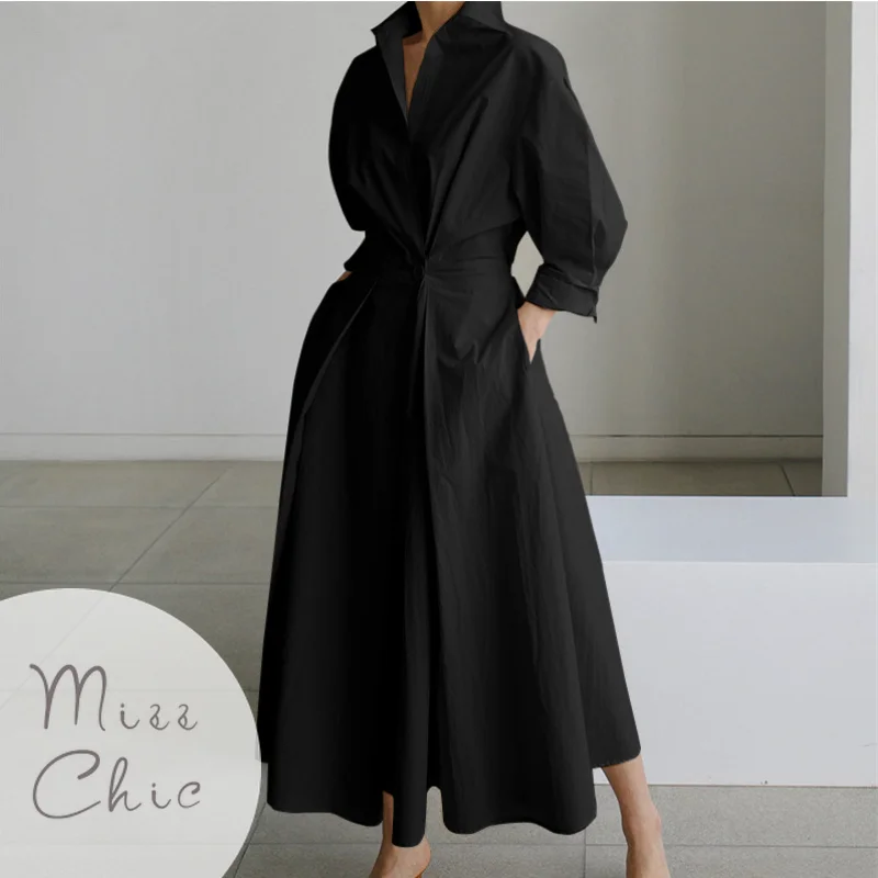 Top Trends: S-5XL Korean Fashion Long Sleeve Shirt Dress Chic Turndown Neck Ruched Maxi Dress Women 2022 Autumn Winter Clothes Streetwear Shoppable Styles