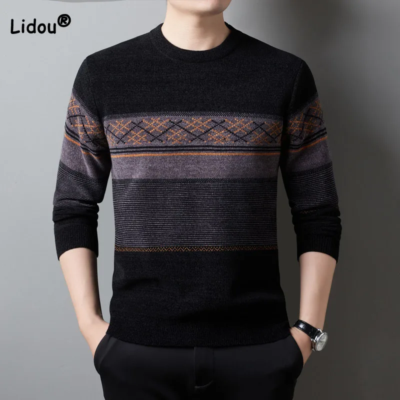 Top Trends: Autumn Winter Men&#039;s Comfortable High Quality Round Neck Sweaters 2023 Simplicity Fashion Patchwork Knitted Tops Male Clothes Shoppable Styles