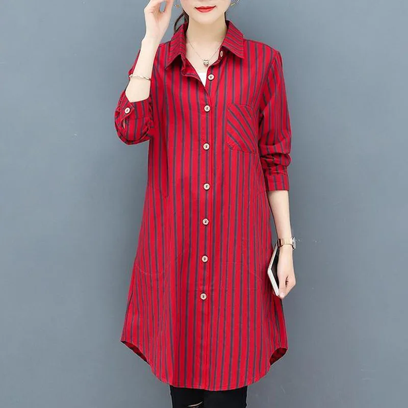 Top Trends: Casual Korean Midi Striped Print Shirt For Female Turn-down Collar Single-breasted Fashion Long Sleeve Blouse Women&#039;s Clothing Shoppable Styles