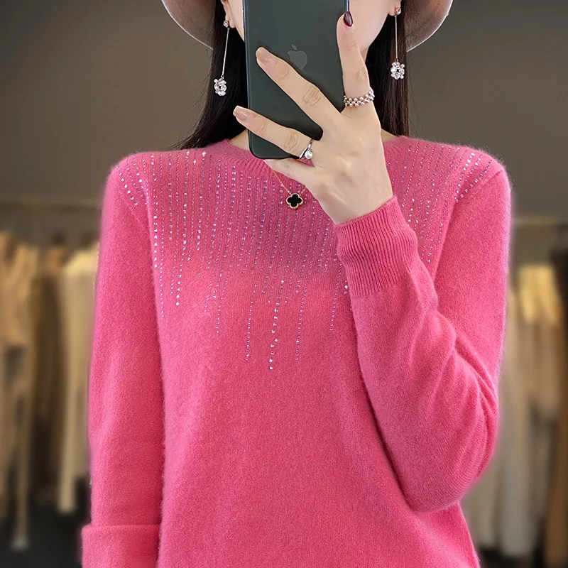 Top Trends: Women&#039;s Pullover Sweater 2024 Autumn / Winter Pure Wool Knitwear Loose Long Sleeved Hot Diamond Fashion Warm Cashmere Top Slim Fit Shoppable Styles