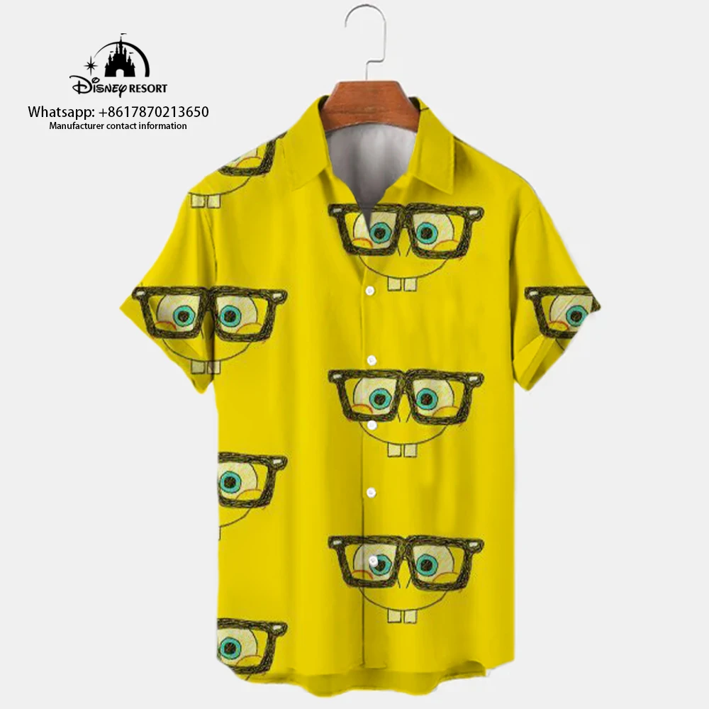 Top Trends: 2023 Men&#039;s New Lapel Short Sleeve Single-Breasted Shirt Summer Spongebob Pattern Print Harajuku Casual Street Versatile Shirt Shoppable Styles