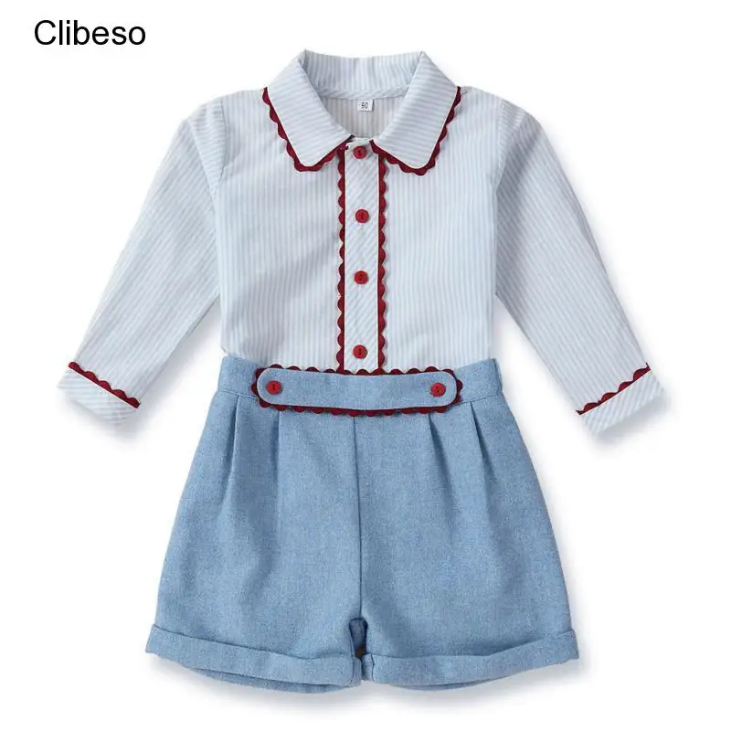 Top Trends: 2024 Spring Autumn New In Baby Boys Clothes Set Kids British Style Striped Print Blouse + Blue Shorts Infants Top And Bottom Shoppable Styles