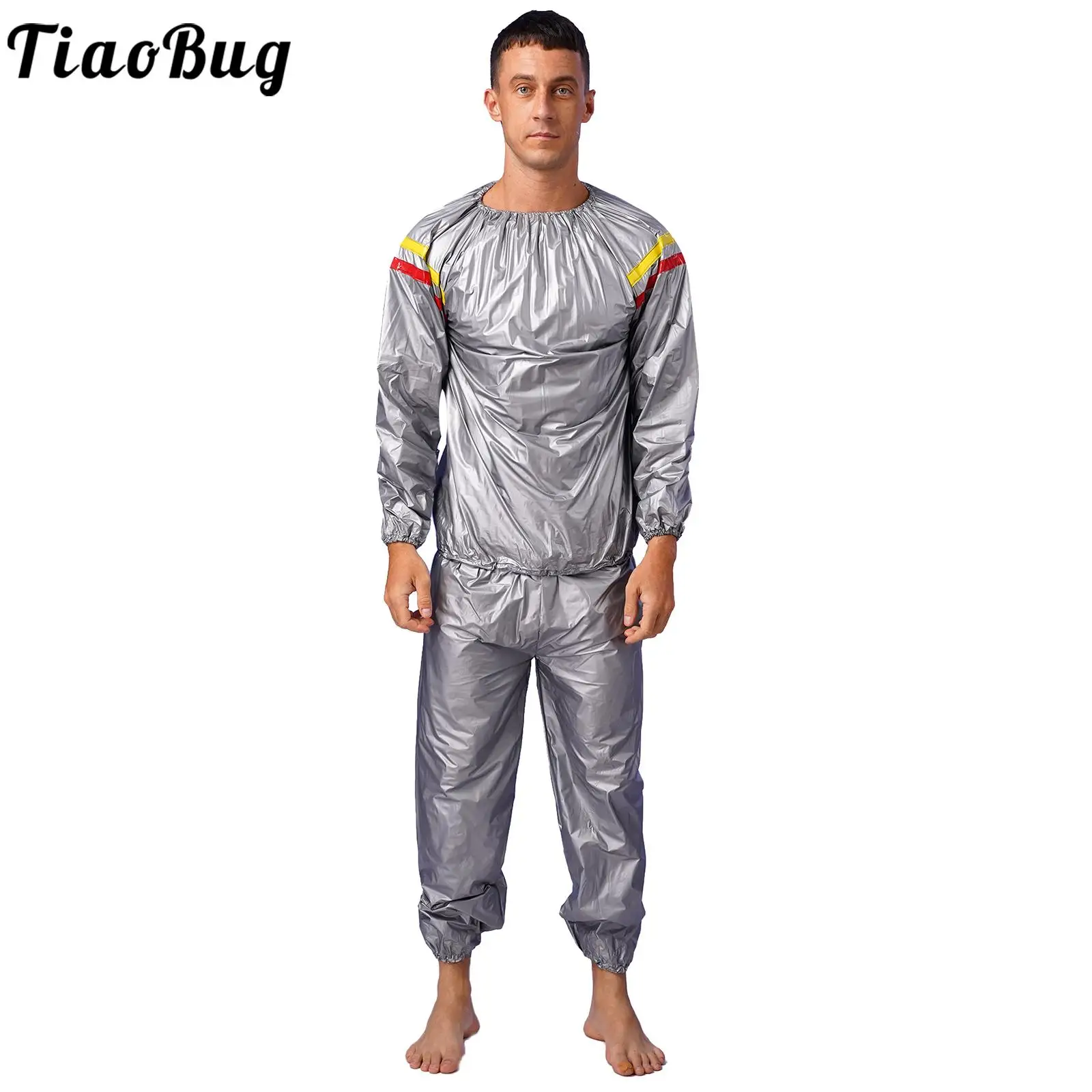 Top Trends: Mens Womens Weight Loss PVC Sauna Suit Fitness Gym Workout Outfits Contrast Color Stripe Long Sleeve Top With Pants Shoppable Styles