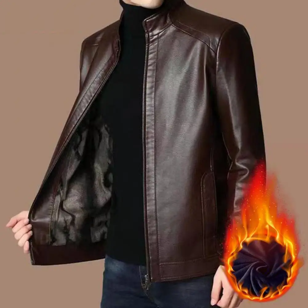 Top Trends: Men Faux Leather Coat Windproof Mid-aged Men&#039;s Faux Leather Jacket With Plush Heat Retention Stand Collar Zipper Closure Shoppable Styles