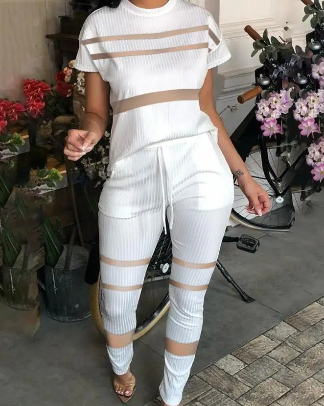 Top Trends: Two Piece Sets Womens Outifits 2023 Summer Fashion Ribbed Contrast Mesh O-Neck Short Sleeve Top &amp; Drawstring Pocket Pants Set Shoppable Styles