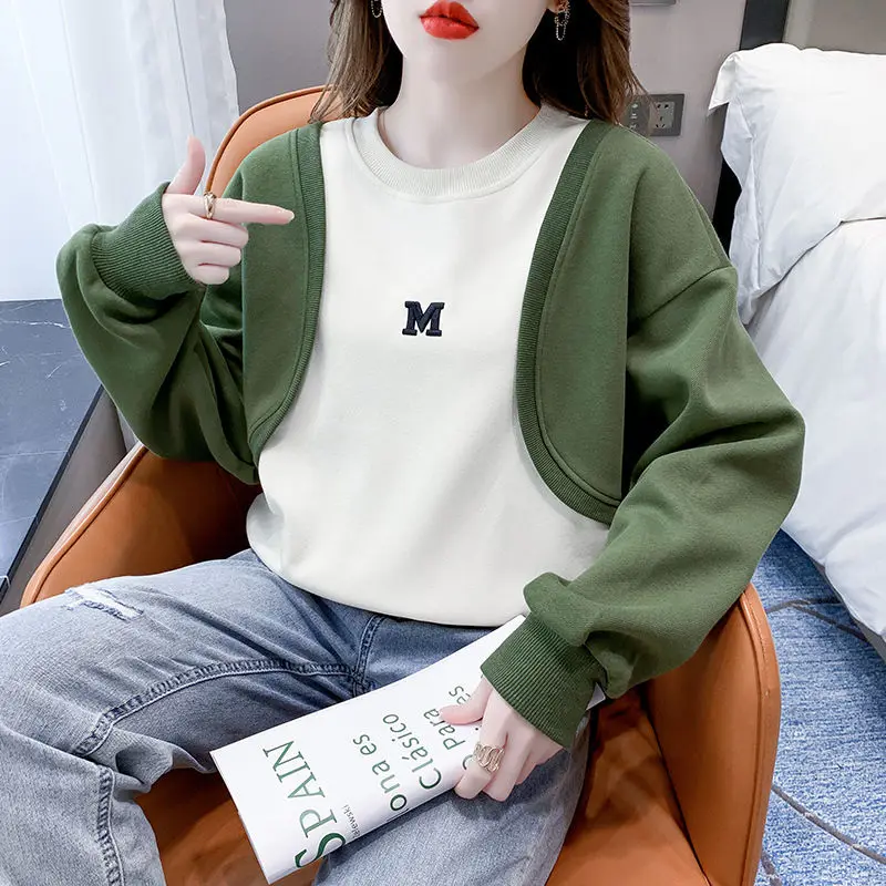 Top Trends: Fashion Spliced Embroidery Letter Fake Two Pieces Sweatshirts Female Clothing 2023 Autumn Winter Casual Tops Korean Sweatshirts Shoppable Styles