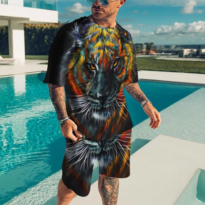 Top Trends: Summer Men Casual T-shirt Sets For Man Tracksuit Fashion 2-piece Oversize Outfit Animal Lion Tiger Suit Gym Streetwear Shoppable Styles