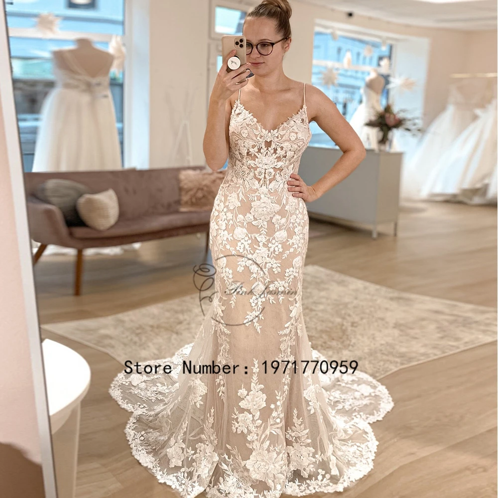 Top Trends: Luxury Lace Women Mermaid Open Back Boho Wedding Dress 2023 Bridal Gowns Applqiues Spaghetti Straps Robe De Mariée Sirène Sexy Shoppable Styles