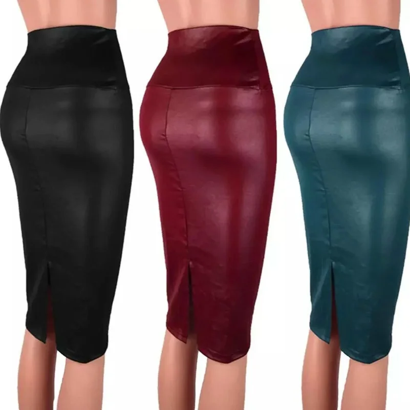 Top Trends: Fashion Sexy Women High Waist Split Faux Leather Knee Length Pencil Skirt For Female Shoppable Styles